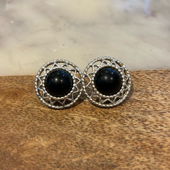 Vintage earrings, silver filigree and black, converted to post from clip-on. - Picture 1 of 3